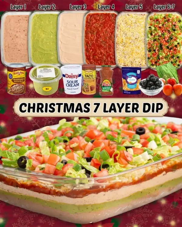 Delicious 7 layer dip served in a colorful dish, perfect for parties.