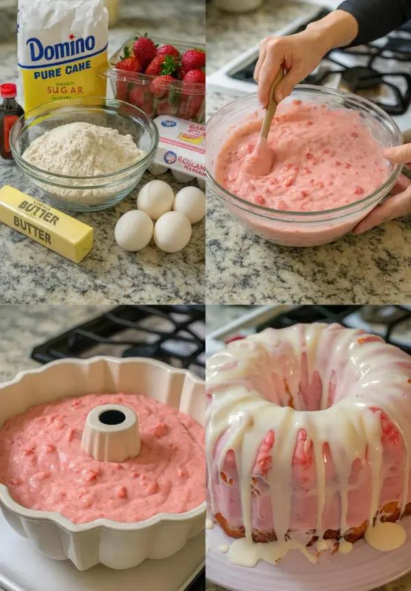 Homemade strawberry cream cheese pound cake sliced and served on a plate