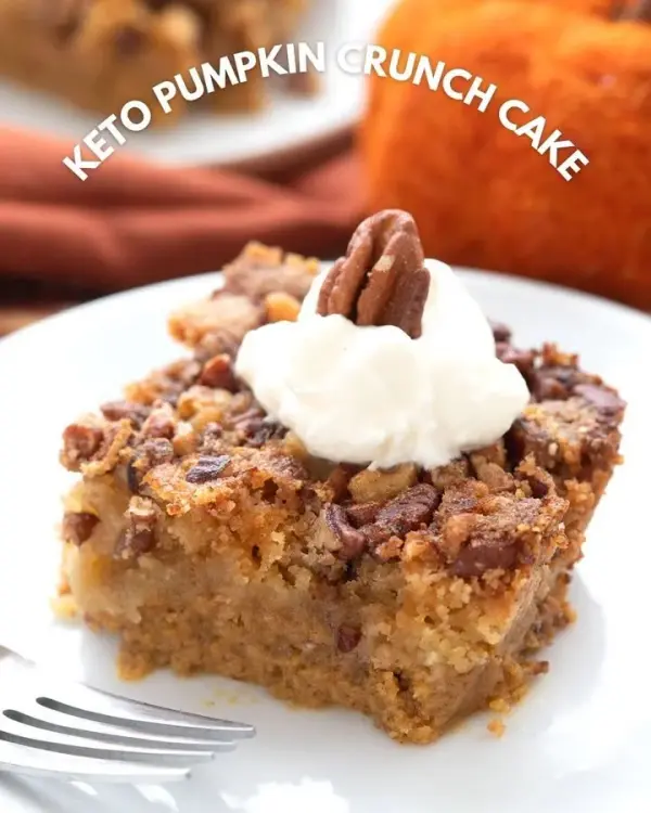 Delicious Keto Pumpkin Crunch Cake with crunchy topping and creamy pumpkin filling