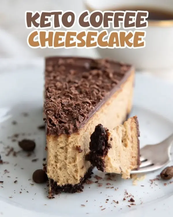 Delicious Keto Coffee Cheesecake topped with coffee and cream for a low-carb treat.