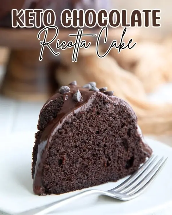 Delicious Keto Chocolate Ricotta Cake topped with chocolate shavings
