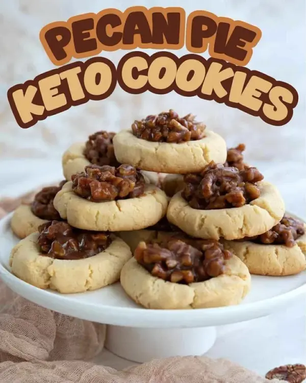 Keto Pecan Pie Cookies on a rustic wooden table, topped with pecan halves.