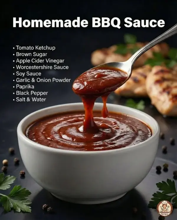 Homemade BBQ sauce in a jar with fresh ingredients on a wooden table.