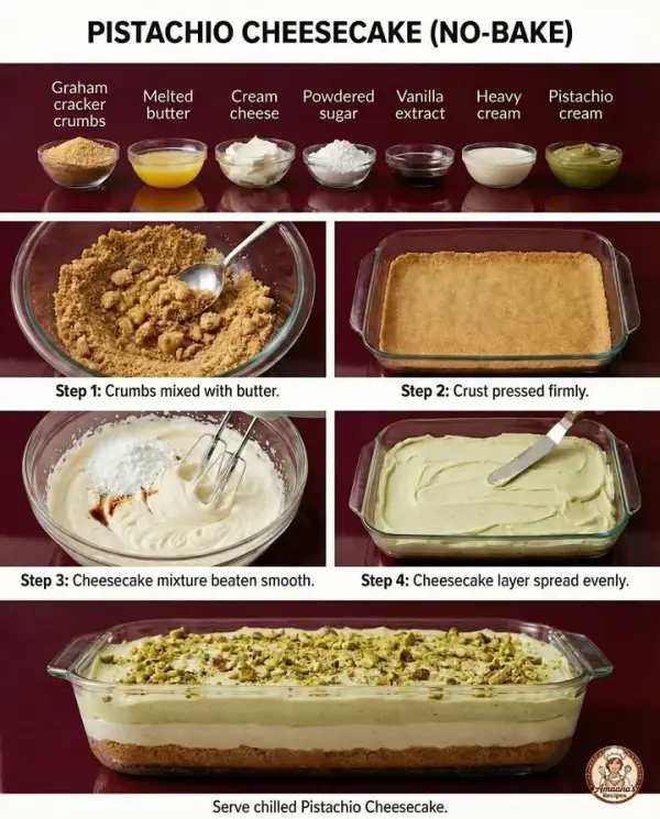 Delicious no-bake pistachio cheesecake topped with crushed pistachios