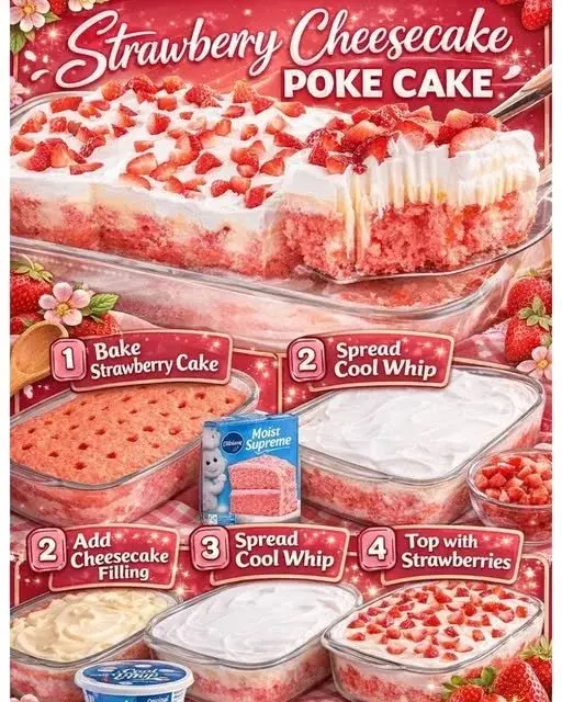 Delicious strawberry cheesecake poke cake topped with fresh strawberries and whipped cream.