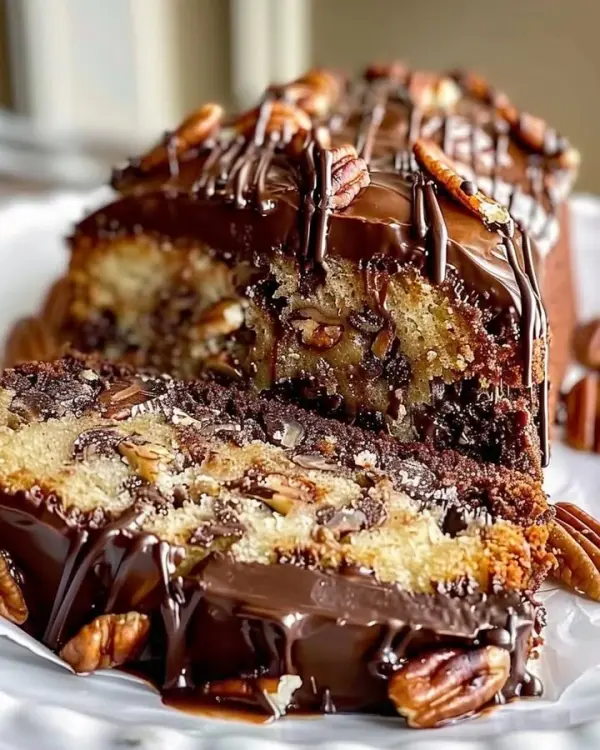 Delicious German Chocolate Pecan Pound Cake with pecans and chocolate frosting