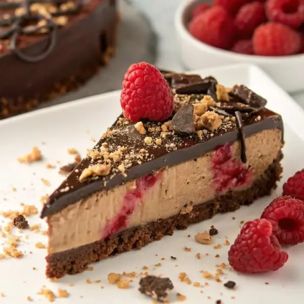 Slice of luscious Chocolate Raspberry Cheesecake on a plate with berries
