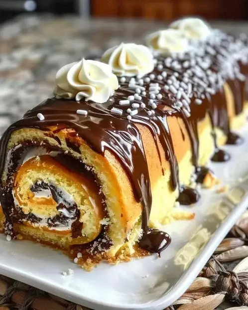 A delectable Boston Cream Roll Cake topped with chocolate ganache and cream filling