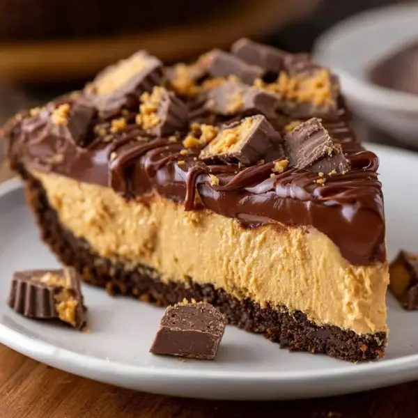 Delicious Reese's Peanut Butter Cup Pie topped with chocolate and whipped cream