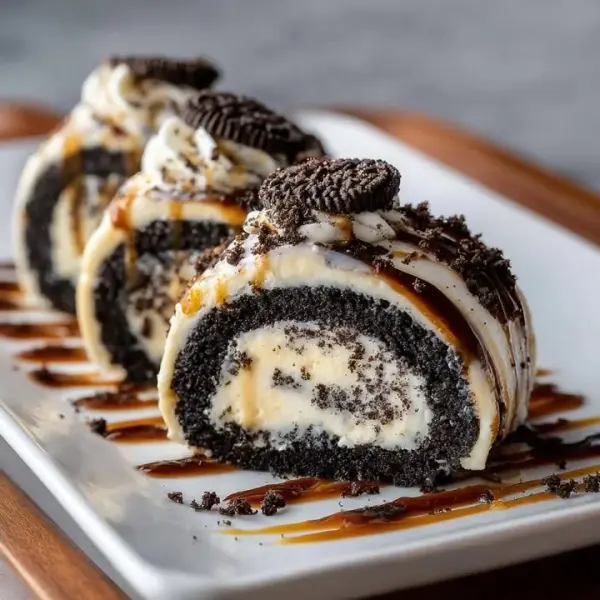 Oreo Cream Cheese Cheesecake Sushi Roll with chocolate drizzle and toppings