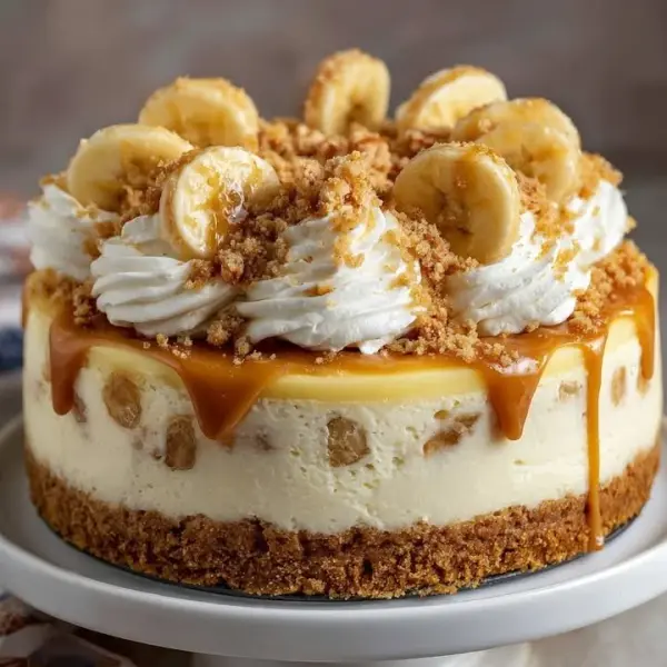 Slice of Heavenly Banana Pudding Cheesecake topped with banana slices and whipped cream