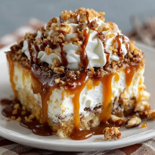 Delicious Caramel Heath Bar Poke Cake with caramel drizzle and Heath bar toppings