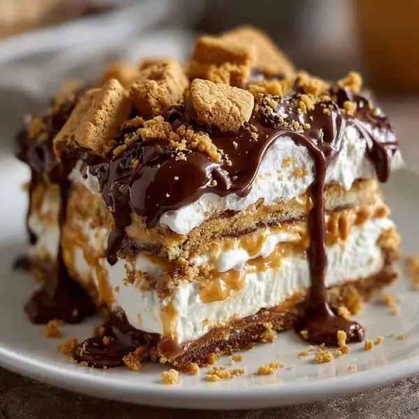 Delicious Peanut Butter Cookie Lasagna dessert layered with creamy peanut butter.