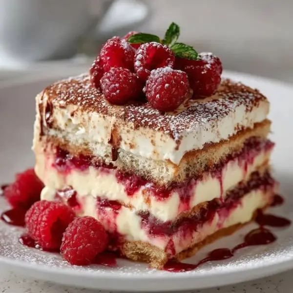 Delicious raspberry tiramisu dessert layered with creamy mascarpone and fresh raspberries.