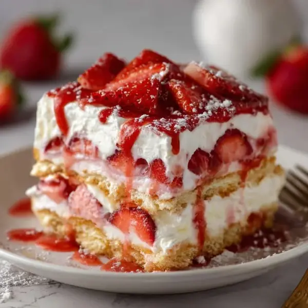 Delicious Strawberry Eclair Cake with fresh strawberries and creamy filling