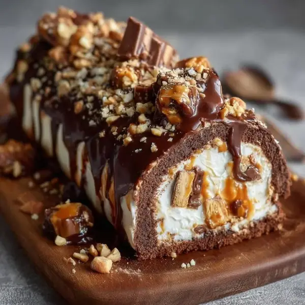 Homemade Snickers Log Cake with chocolate, caramel, and peanut layers