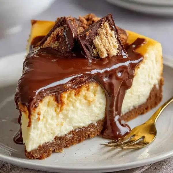 Delicious millionaire cheesecake topped with chocolate and caramel sauce.