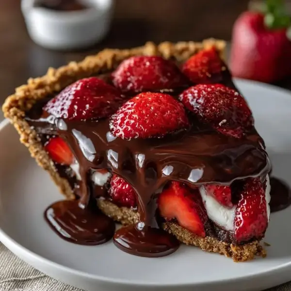 Chocolate covered strawberry pie topped with fresh strawberries and chocolate drizzle