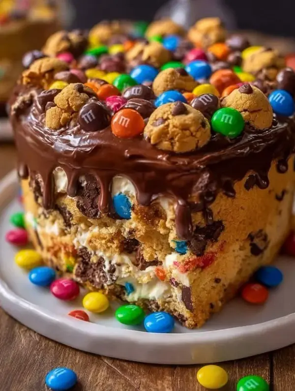 Decadent Chocolate M&M's Ice Cream Cake with cookie dough layers