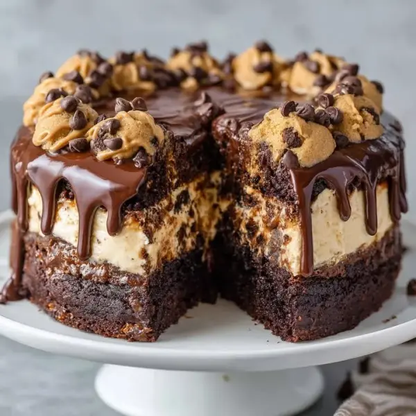 Delicious Cookie Dough Brownie Cake topped with cookie dough pieces and chocolate drizzle.