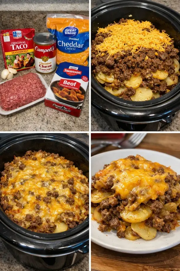 Delicious cheesy beef and potato bake served hot in a casserole dish
