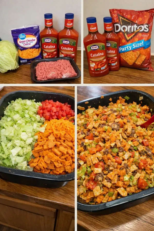 Delicious Doritos Taco Salad served in a bowl with vibrant toppings and crunchy chips