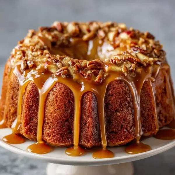 Delicious Caramel Apple Cake topped with caramel drizzle and apple slices