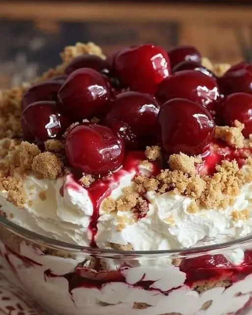 Delicious Cherry Cheesecake Fluff dessert topped with fresh cherries