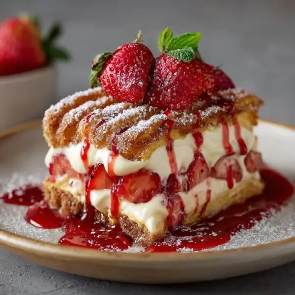 Delicious Churro Strawberry Cheesecake topped with fresh strawberries and drizzled icing.