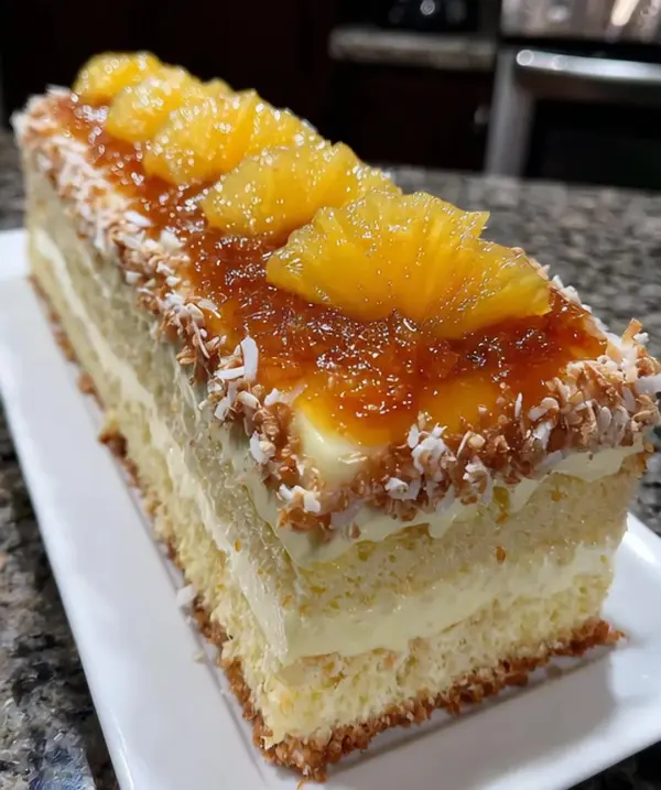 Pineapple Papaya Dream Layer Cake with vibrant tropical layers and fresh fruits
