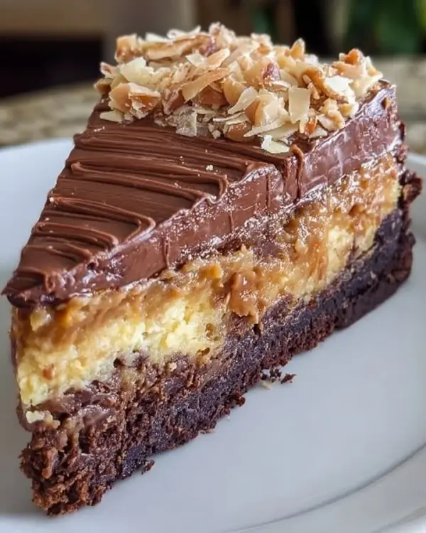 Delicious German Chocolate Brownie Cheesecake with coconut pecan topping
