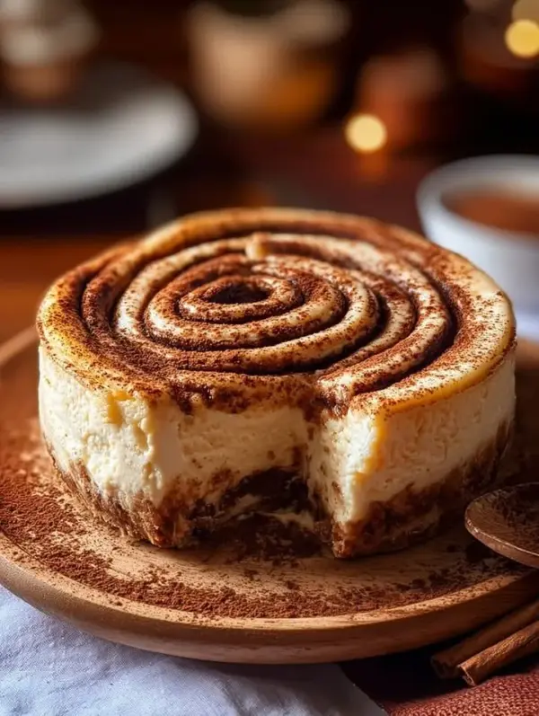 Cinnamon roll cheesecake topped with swirls of cinnamon and cream cheese frosting