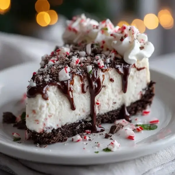 Slice of peppermint Oreo cheesecake topped with crushed Oreos and mint garnish