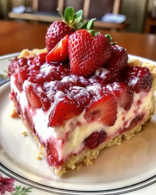 Delicious strawberry cheesecake dump cake served on a plate with fresh strawberries