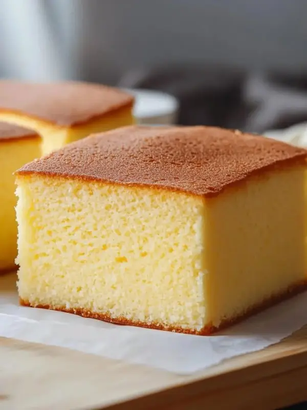 Soft and fluffy Castella cake ready to be served on a plate
