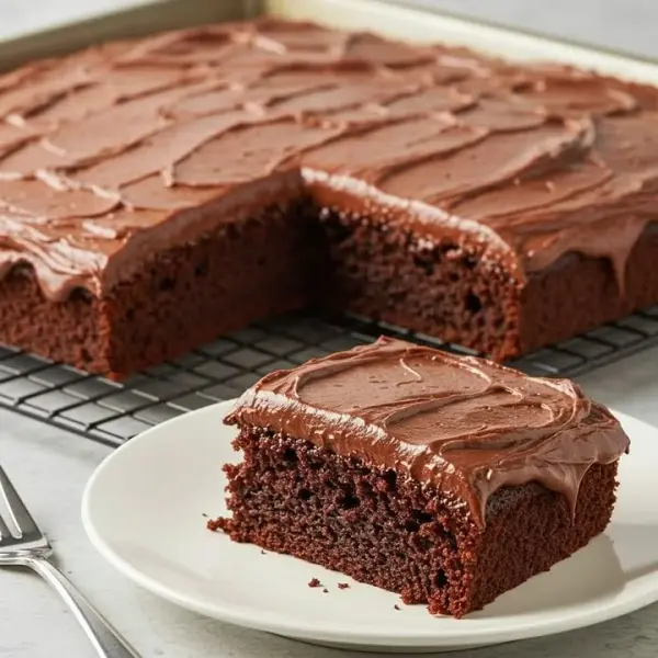 Delicious Chocolate Sheet Cake with Milk Chocolate Frosting served on a plate
