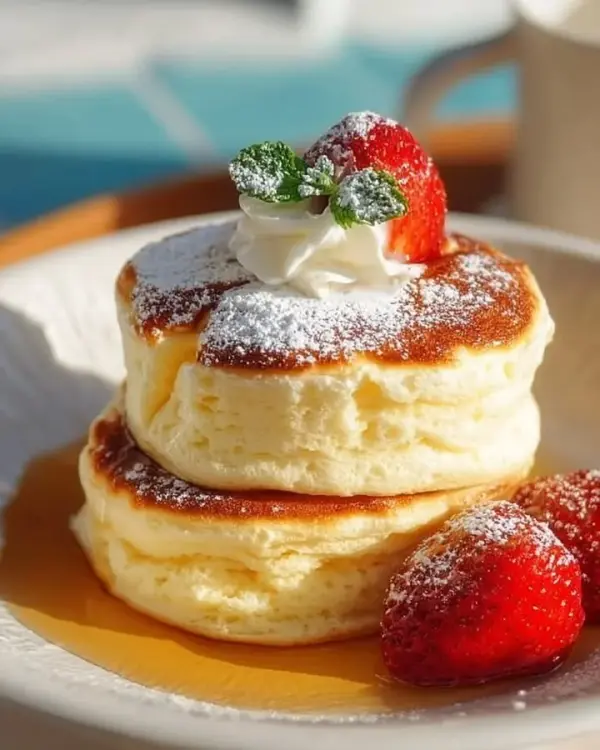 Fluffy Souffle Yogurt Cake topped with fresh fruits and whipped cream.