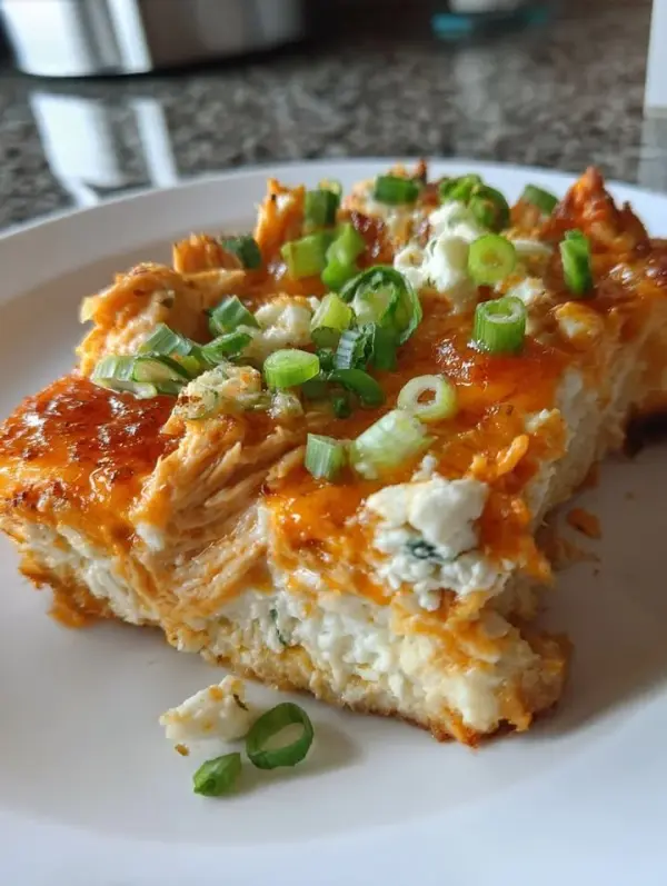Cottage Cheese Buffalo Chicken Bake topped with cheese and green onions
