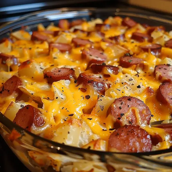 Cheesy potato casserole with kielbasa sausage baked to perfection