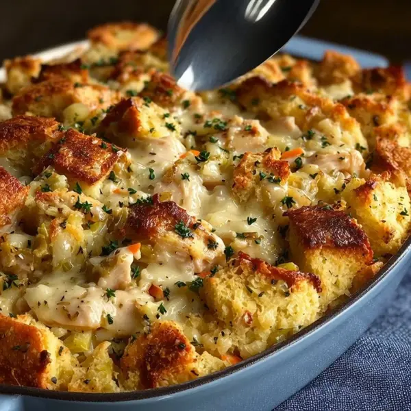 Creamy chicken casserole with stove top stuffing in a baking dish