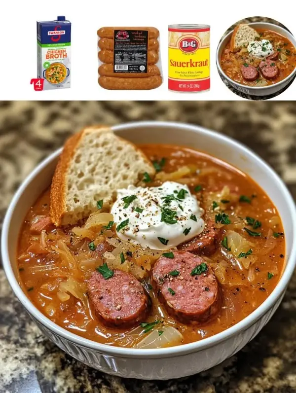 Bowl of delicious kielbasa and sauerkraut soup garnished with herbs