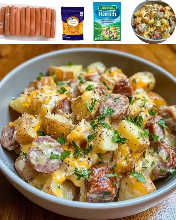 Cheesy ranch potatoes with sausage served in a bowl