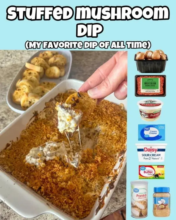 Delicious stuffed mushroom dip served in a bowl with crispy bread