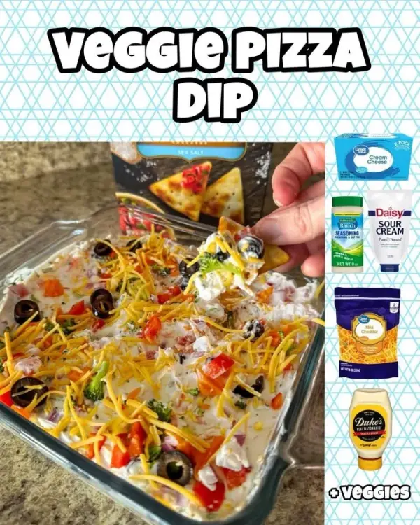 Delicious veggie pizza dip served in a bowl, perfect for parties and gatherings.