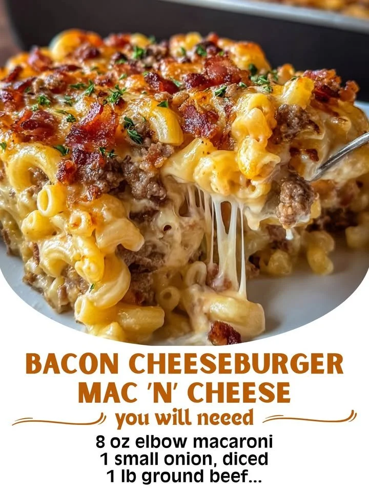 Bacon cheeseburger macaroni and cheese casserole in a baking dish
