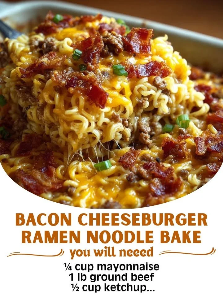 Delicious Bacon Cheeseburger Ramen Noodle Bake with toppings and ingredients
