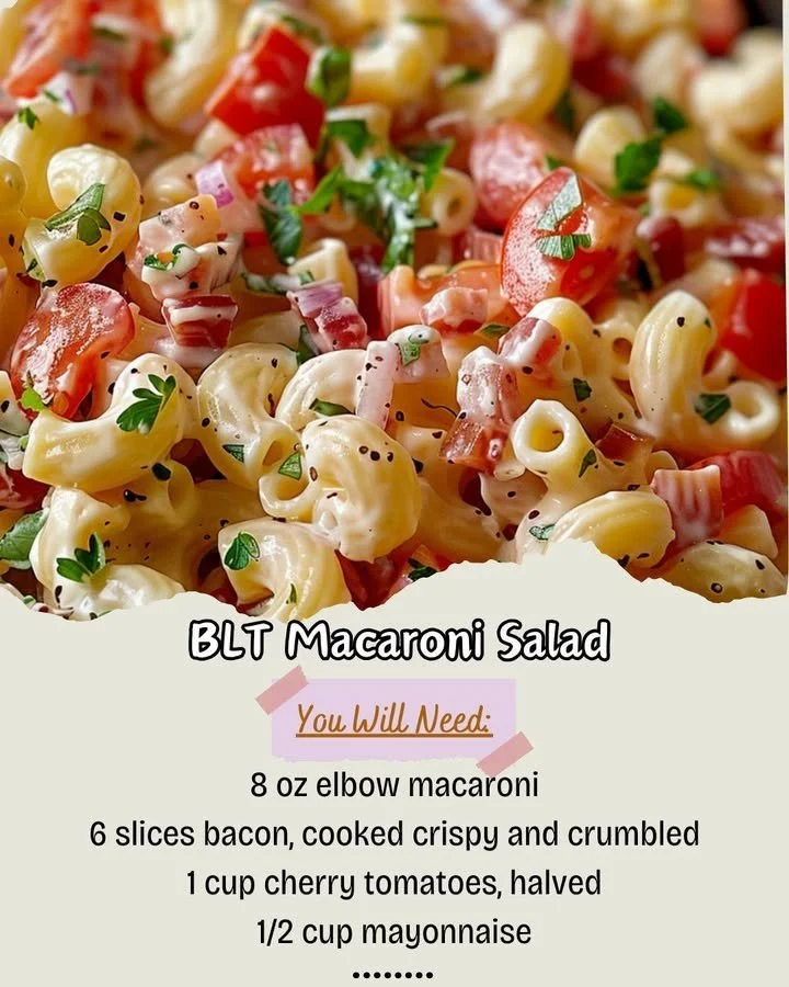 A bowl of BLT macaroni salad with bacon, lettuce, and tomatoes
