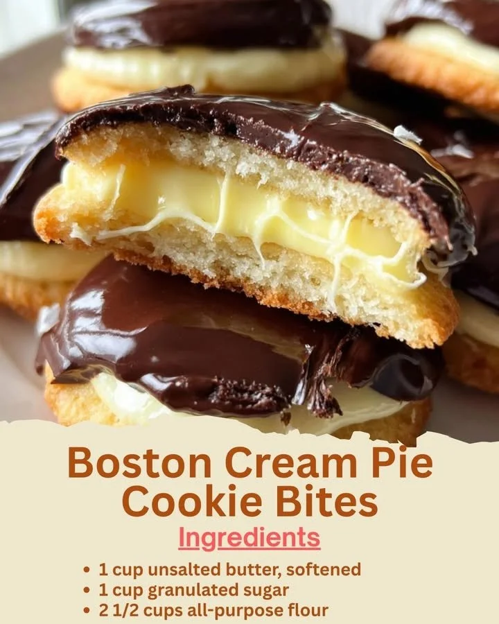Boston Cream Pie Cookie Bites on a plate with chocolate frosting and custard filling