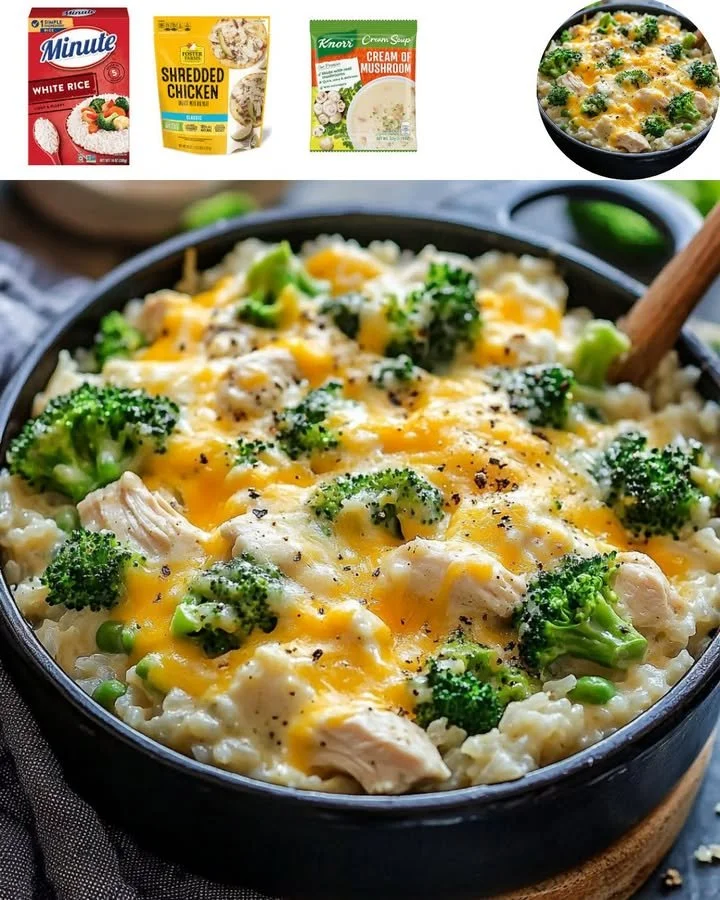 Broccoli cheese casserole with chicken and rice in a baking dish