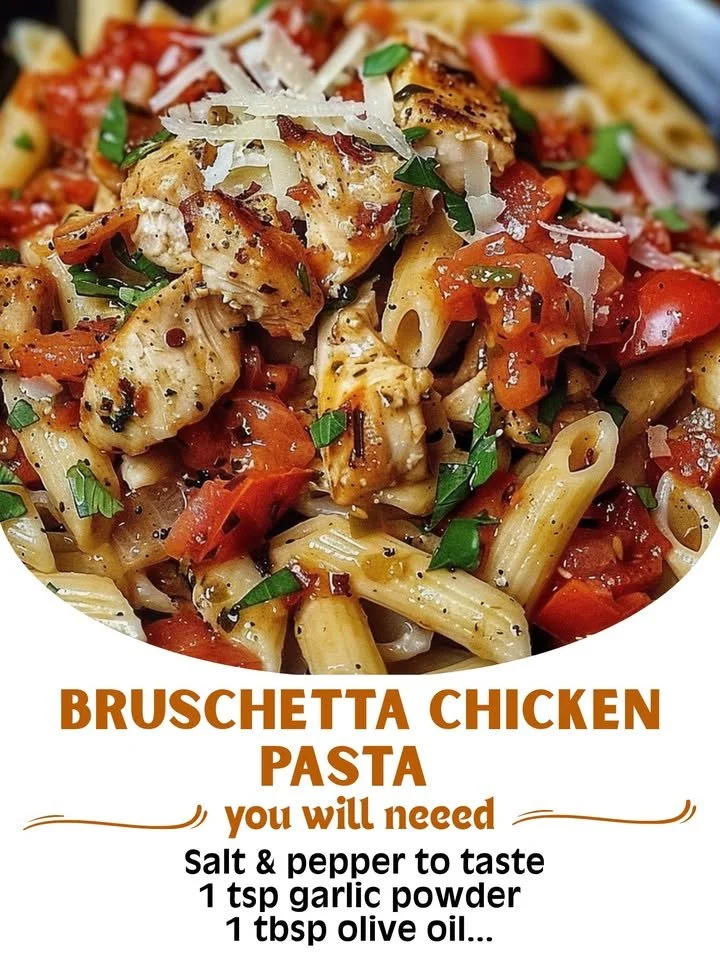 Delicious Bruschetta Chicken Pasta topped with fresh tomatoes and basil